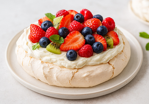 طرز تهیه دسر پاولووا کلاسیک با خامه و میوه تازه | دسر مجلسی و ترد خارجی